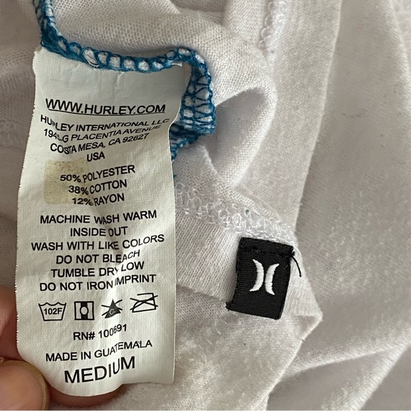 Mens Hurley long sleeved shirt: white with turquoise blue sleeves - Picture 4 of 4